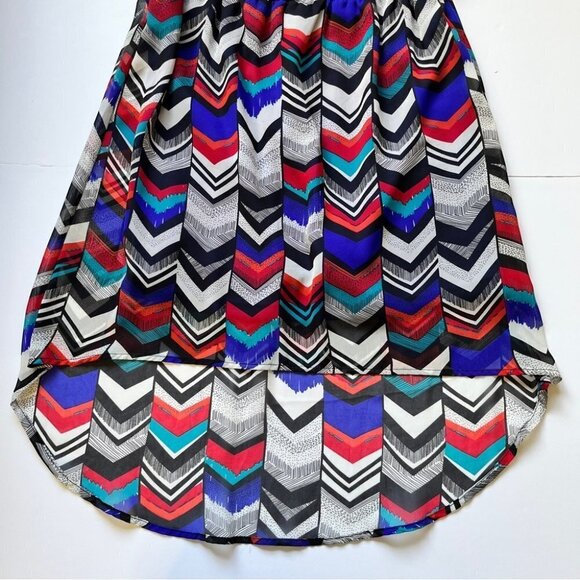 Dex Hi Low Dress Chevron Key Hole Back Lined Striped Blue Red Black Party Sz M - Picture 11 of 15